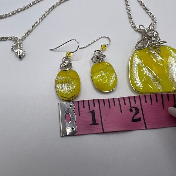 Yellow & Silver Dichroic Pendant Necklace & Earring Set. 925 Sterling Chain - Picture 6 of 11